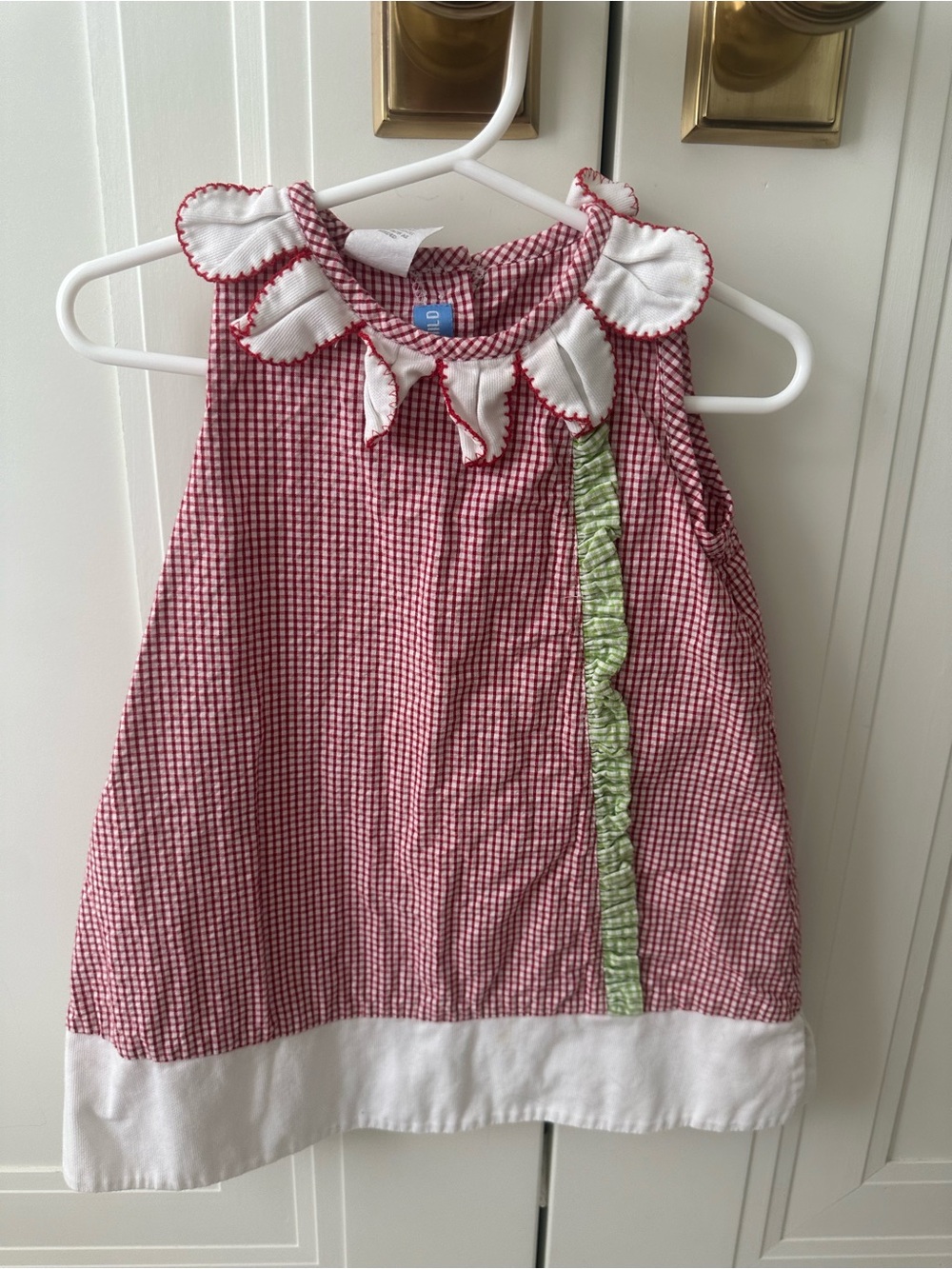 Red Gingham Sleeveless Dress with White Petal Collar and Green Ruffle